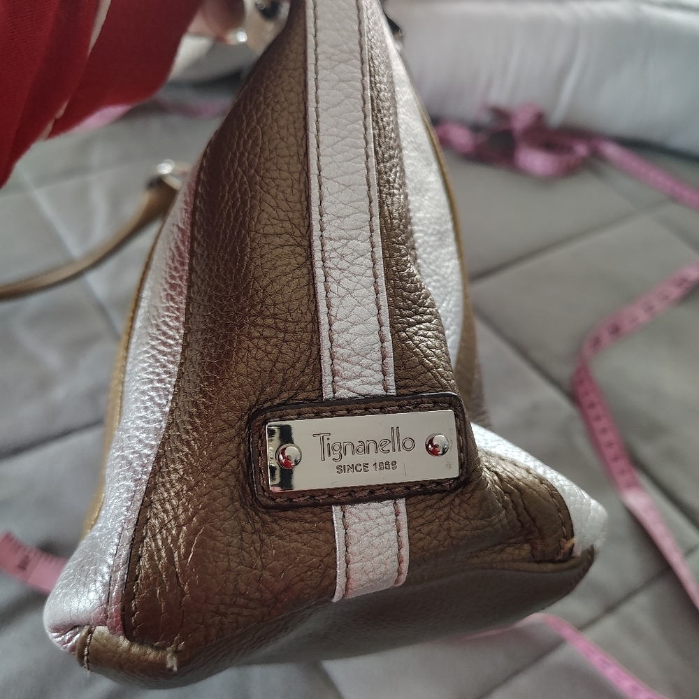 Tignanello Super Stripes Pebble Leather Metallic Shoulder Bag Tote - Picture 6 of 13